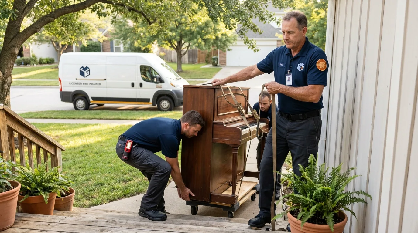 Licensed piano movers securing grand piano in Johnstown, NY