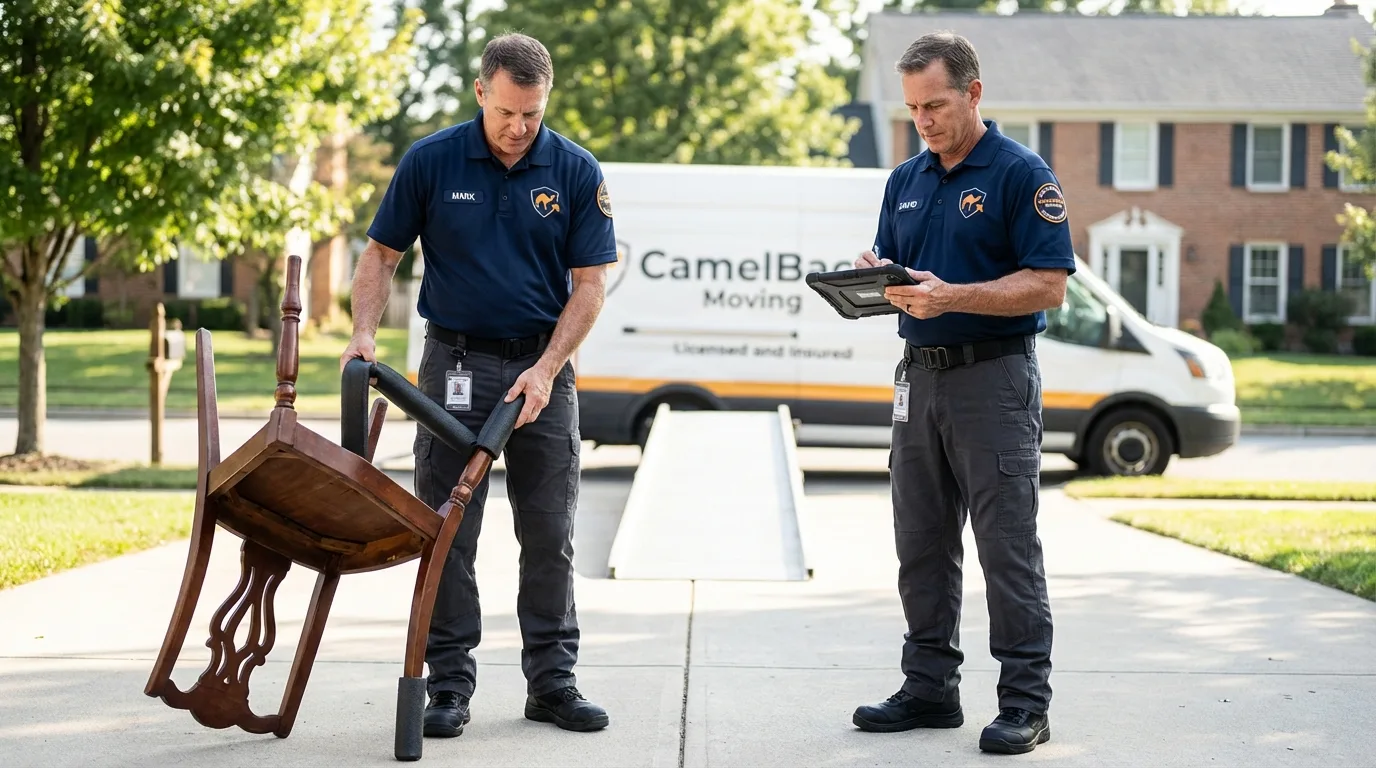 Movers inspecting furniture for damage prevention before loading in Johnstown, NY