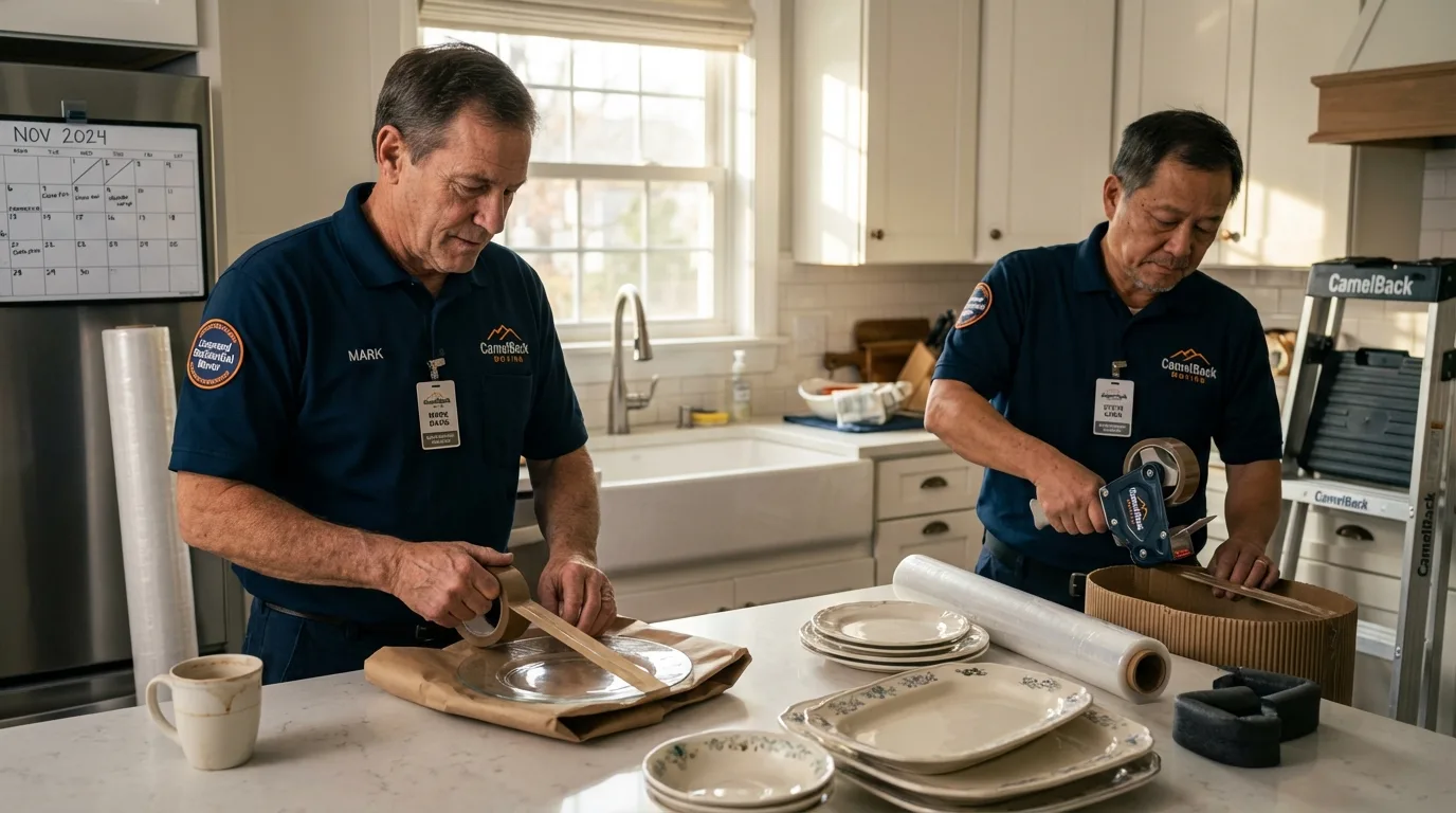 Professional crew packing kitchen dishware in Johnstown, NY